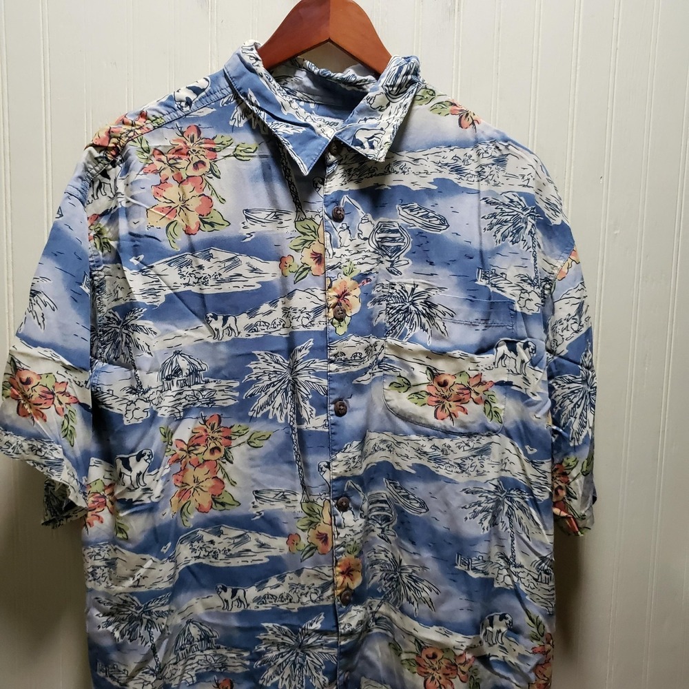 Big Dogs Hawaiian Shirt Mens Large Blue Floral Short Sleeve Rayon Button-Up